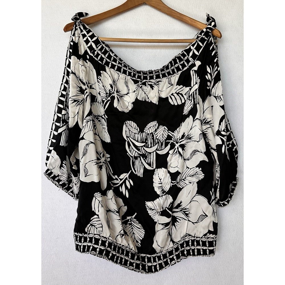 White House Black Market Blouse Silk Split Sleeve Womens M Black Excellent